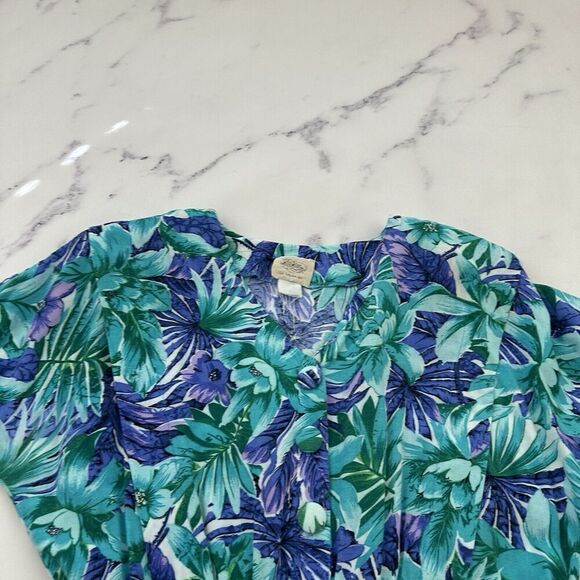 Luci Fellini Womens Vintage 80s Shirt Dress Size M Blue Green Tropical Pockets - Picture 2 of 11